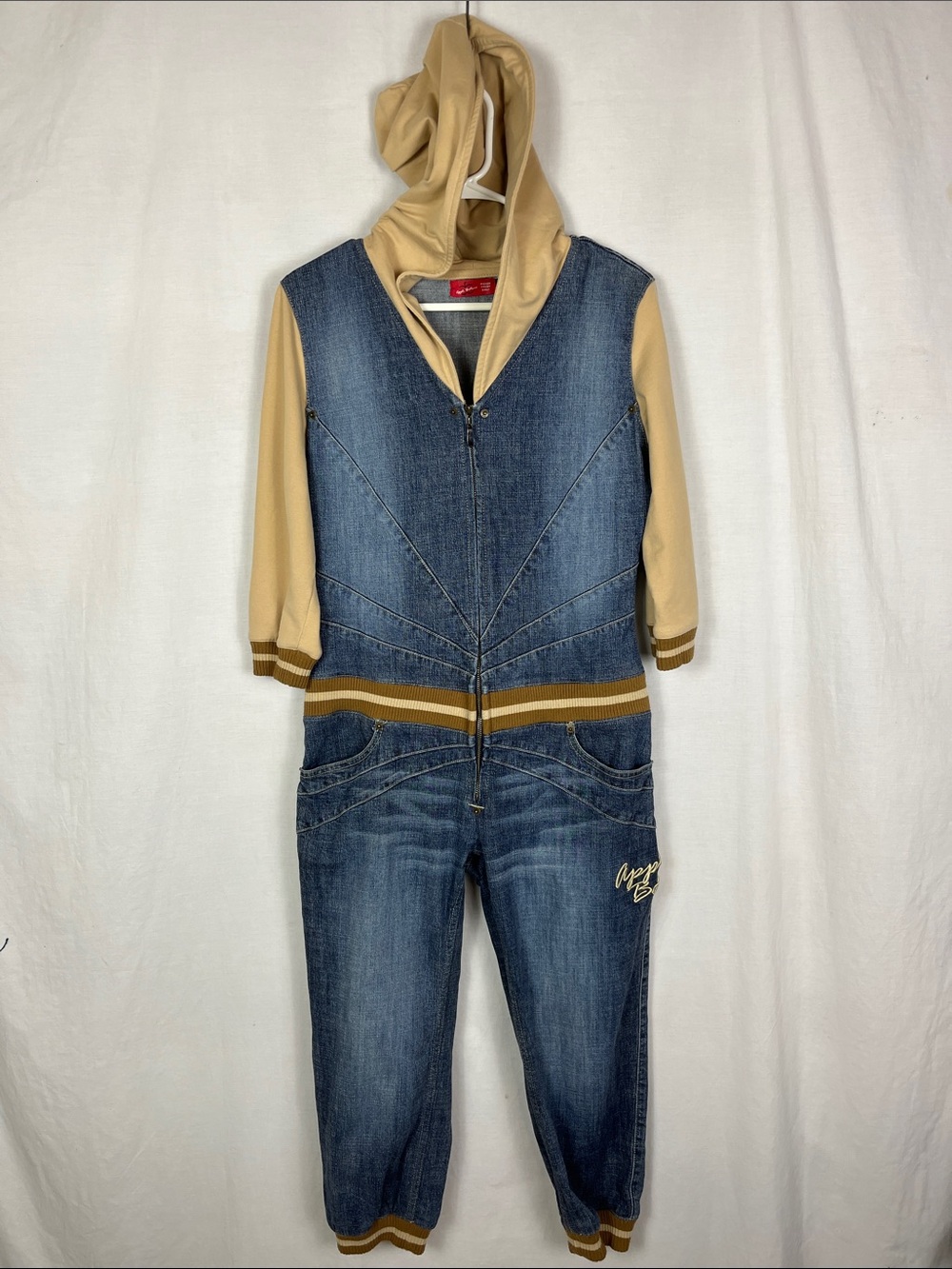 Vintage Y2K Apple Bottom Blue Denim and Brown Hooded Cropped Jumpsuit Overalls